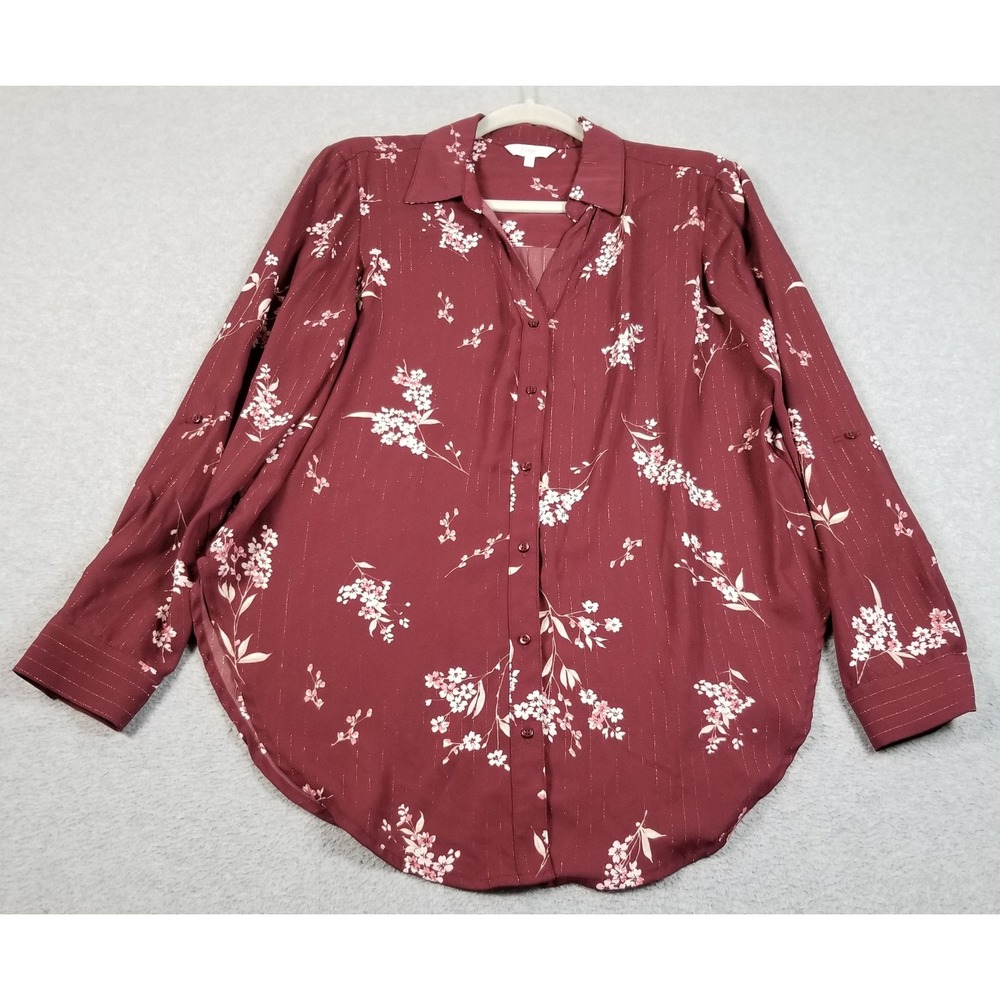 Candie's Button Up Shirt Womens Large L Burgundy Floral Gold Metallic Blouse Top